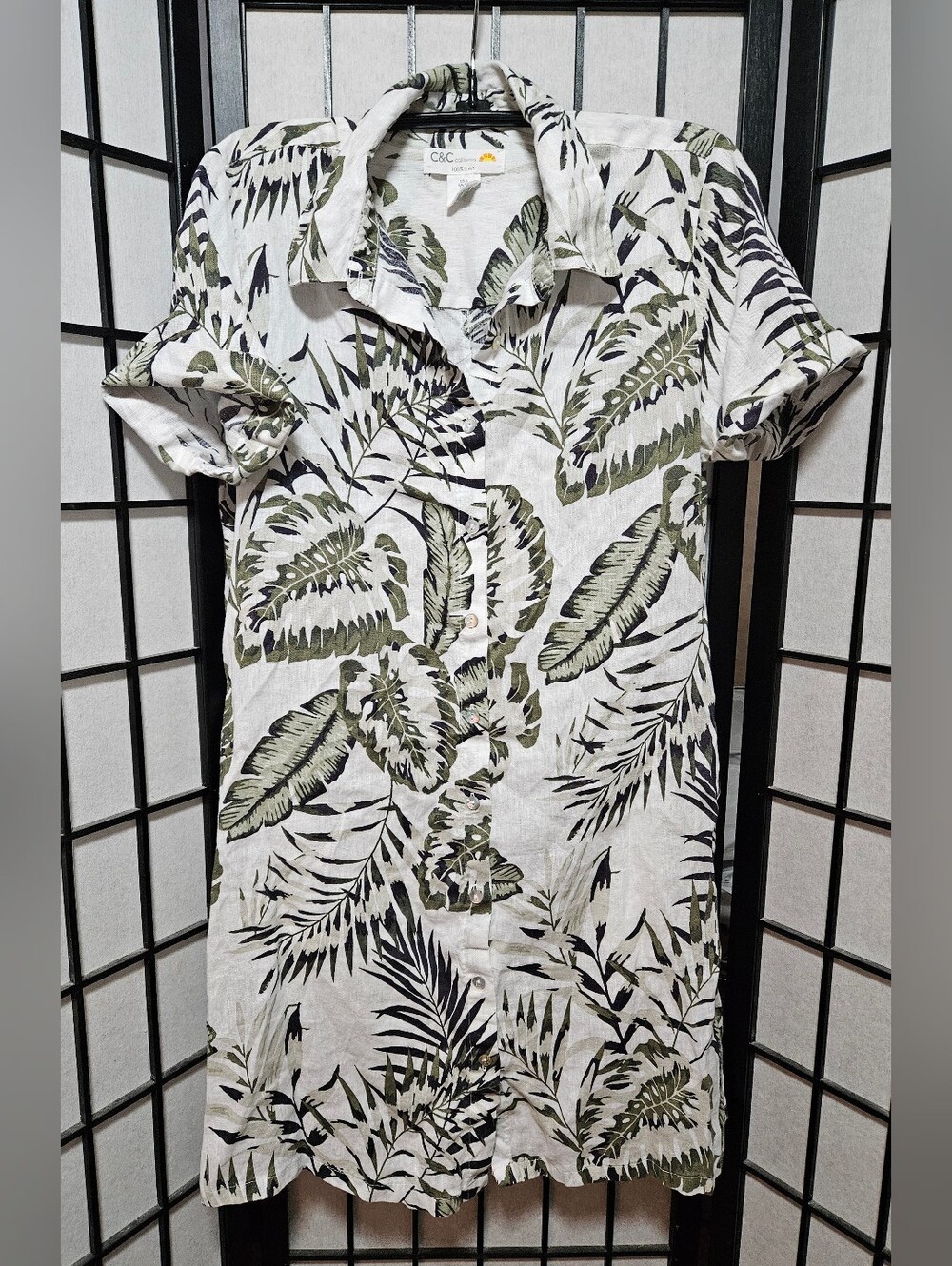 C&C California Small Tropical Leaf Print 100% Linen Button Down Shirt Dress